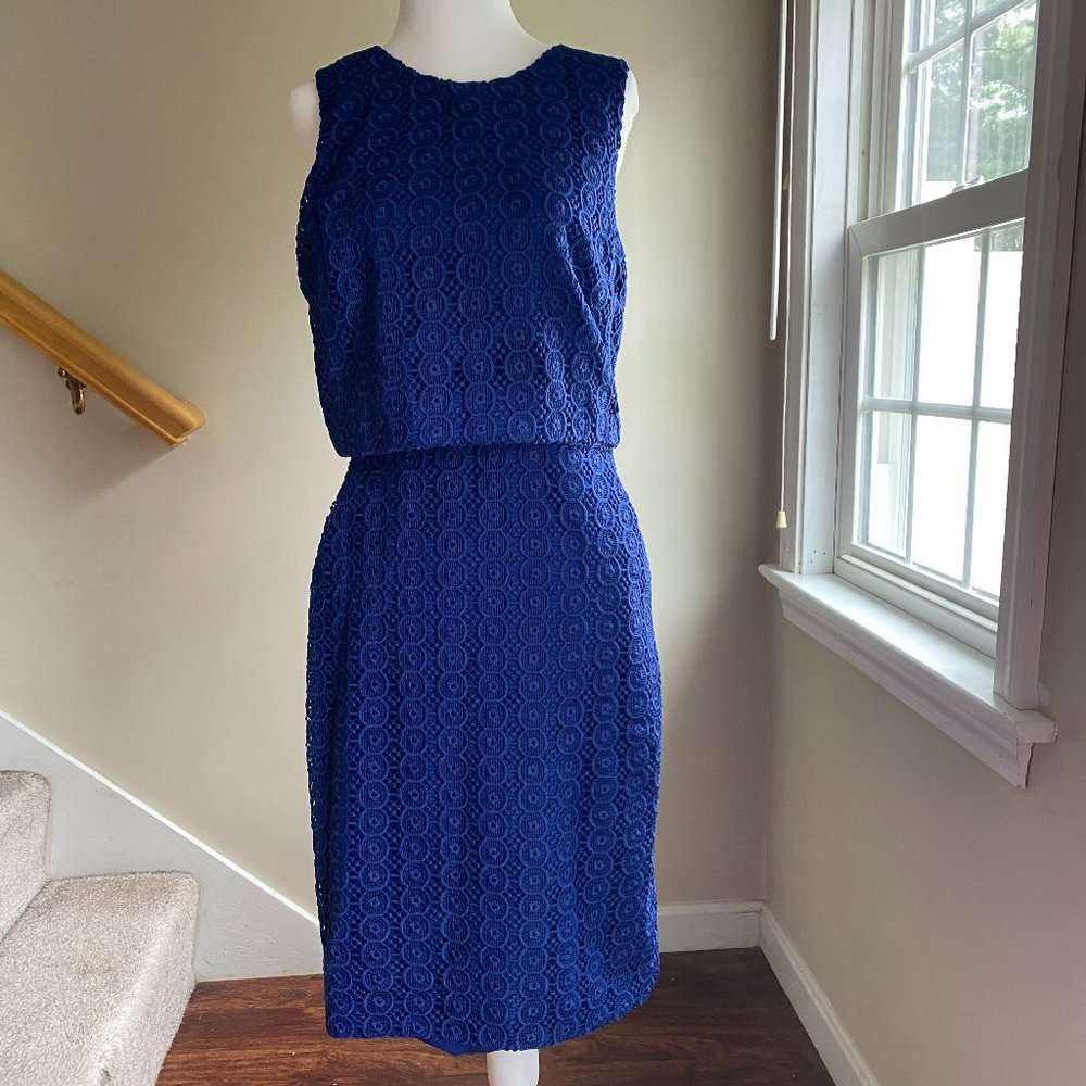 J. Crew sleeveless, royal blue eyelet shift dress with layered top